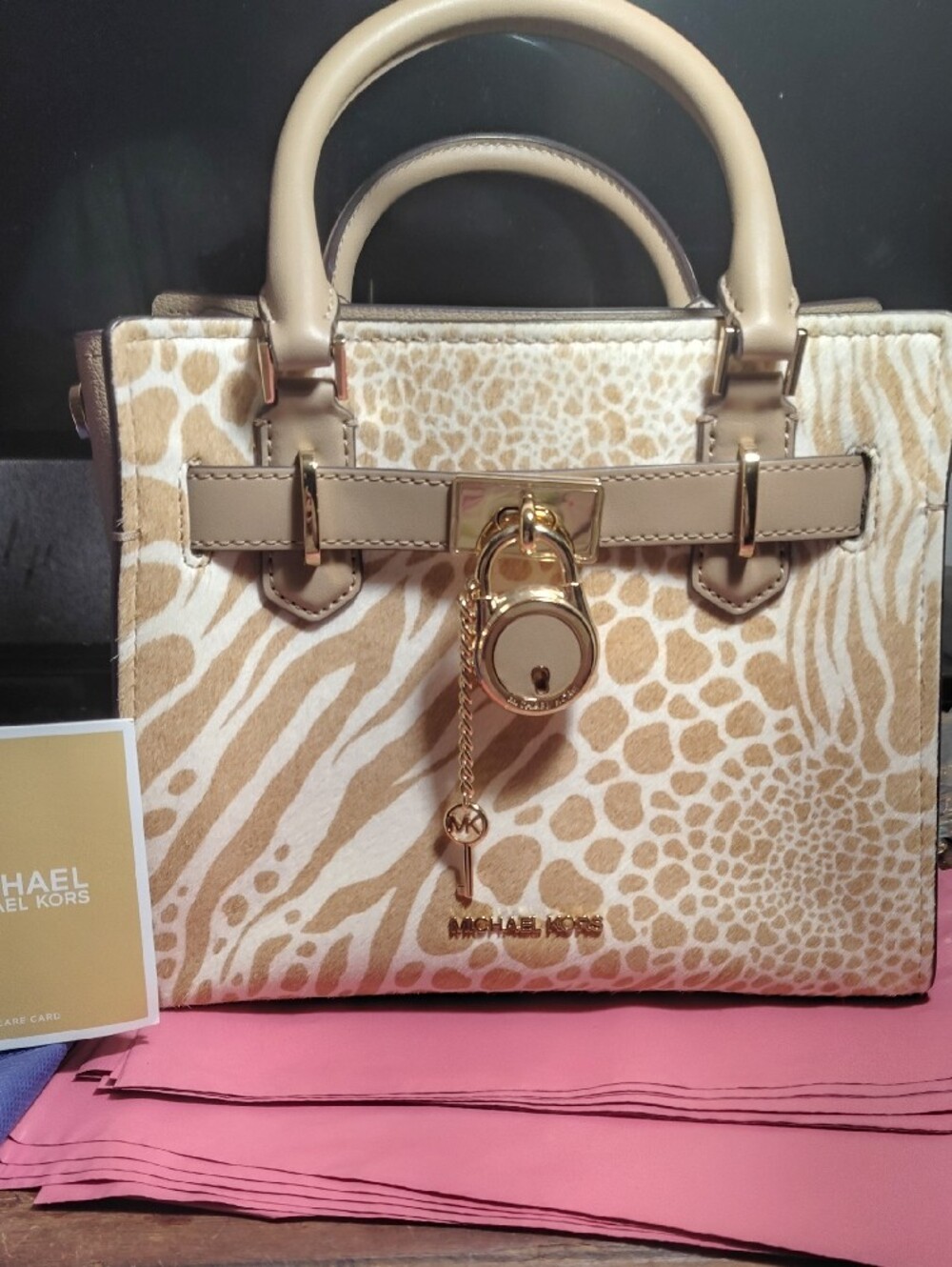 NWT- Michael Kors Beige Calf Hair Cow-Print Satchel Hamilton Bag MSRP $558